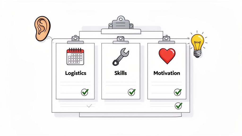 Diagram showing an ear, a lightbulb, and three clipboards labeled Logistics, Skills, and Motivation, each with a checkmark.