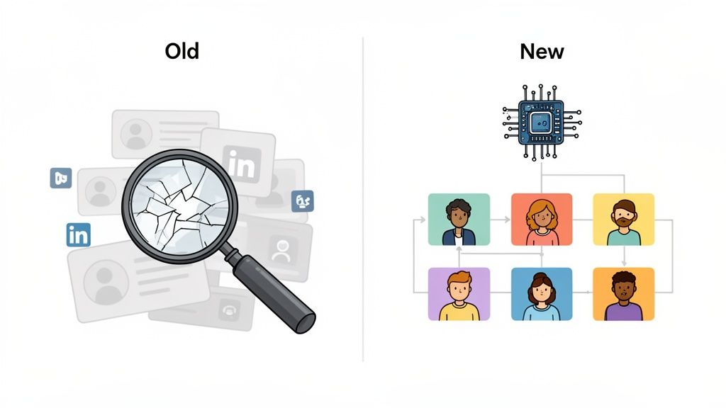 Image comparing old, broken candidate search with a new, intelligent, interconnected AI system.