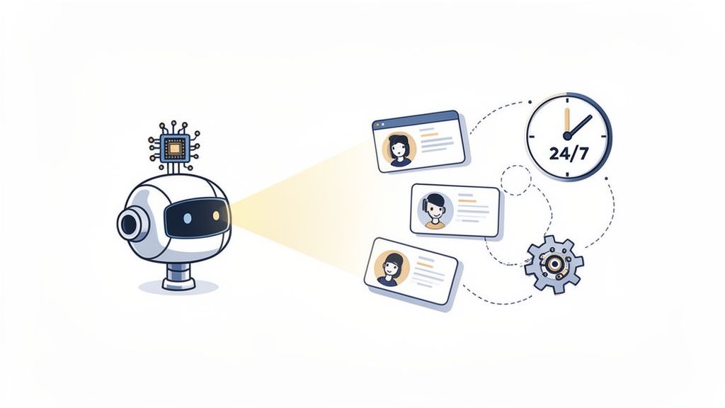 AI robot with a circuit board sourcing candidates for a 24/7 automated recruitment process.