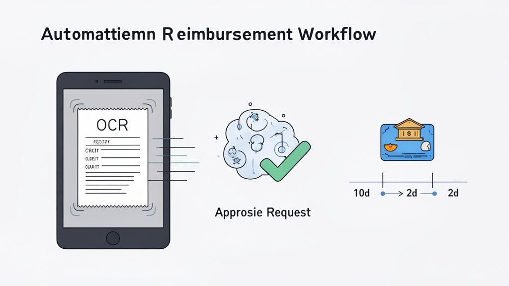 An automated reimbursement workflow showing receipt scanning, request approval, and bank payment over time.