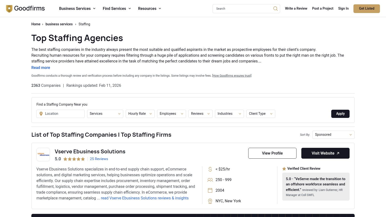 A screenshot of the GoodFirms website's staffing agencies section, showing various firms and their ratings.