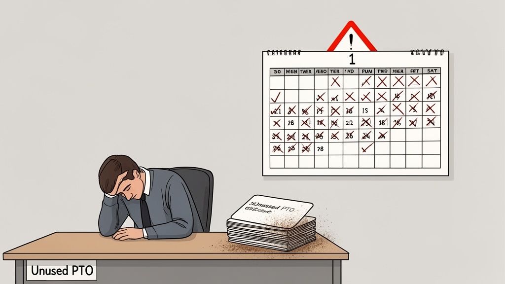 A man looks dejected at a desk, next to a calendar with many crossed-out days and a stack of 'Unused PTO' papers.