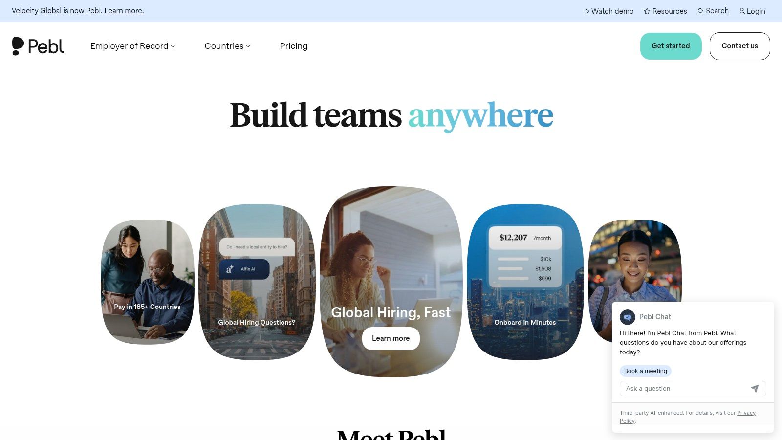 Deel alternatives global hiring with Velocity Global showing a world map and talent locations