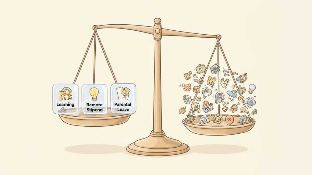 A weighing scale with employee benefits (learning, remote stipend, parental leave) outweighed by many small items.