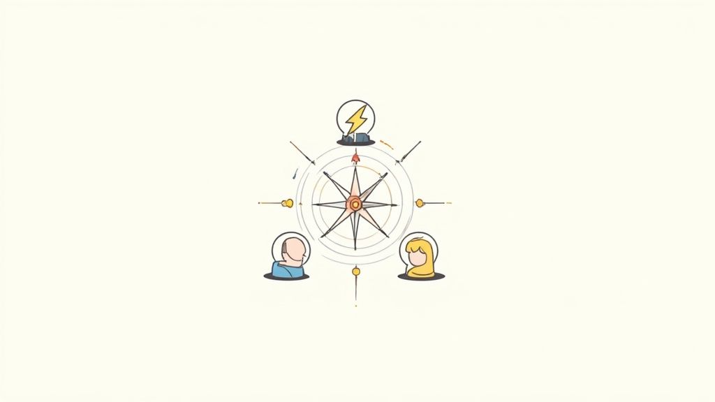 Minimalist geometric compass with a blue accent pointing north-east on a grey background