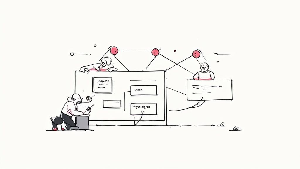 Illustration of a document being constructed like a blueprint