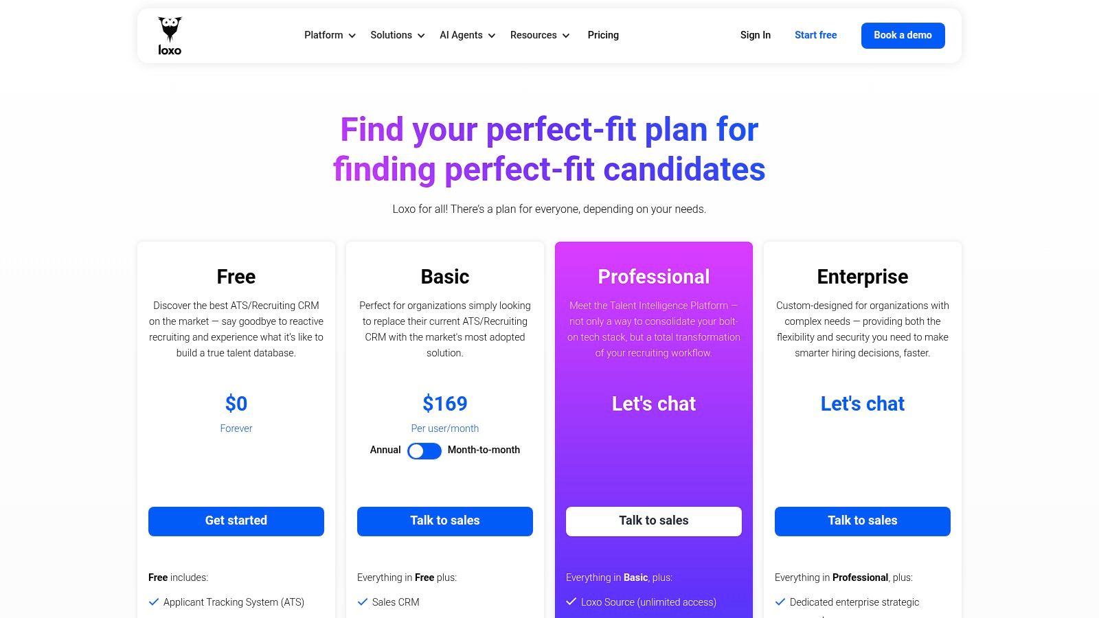 recruiting software examples showing Loxo's pricing plans