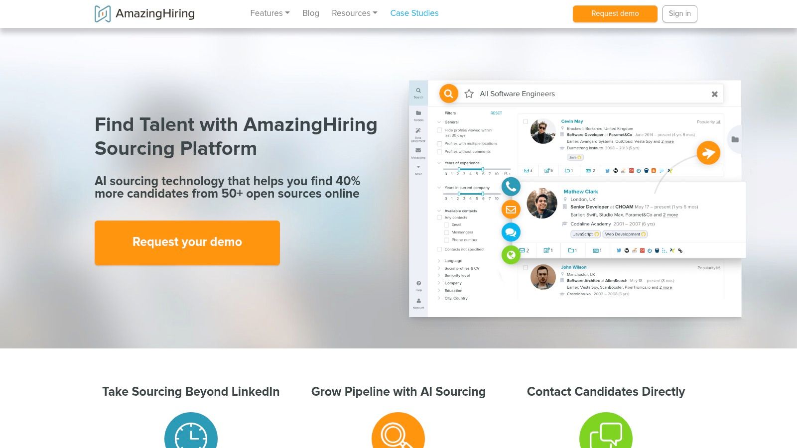 best ai recruiting tools: AmazingHiring platform showcasing technical talent profiles aggregated from multiple sources