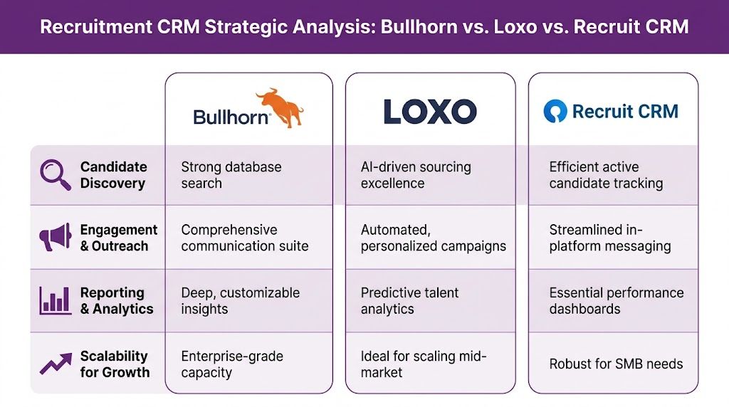 A comparison chart outlining the key features of Bullhorn, Loxo, and Recruit CRM software for recruiters.