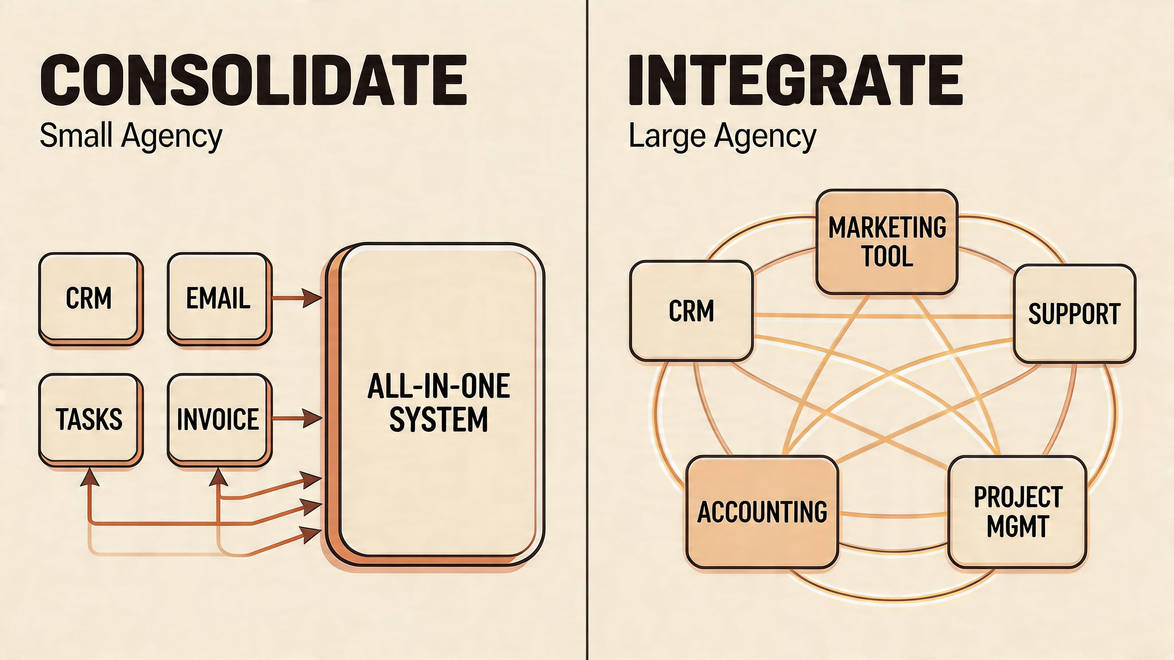 A diagram comparing business software strategies, showing small agencies consolidating tools into an all-in-one system versus large agencies integrating multiple specialized platforms.