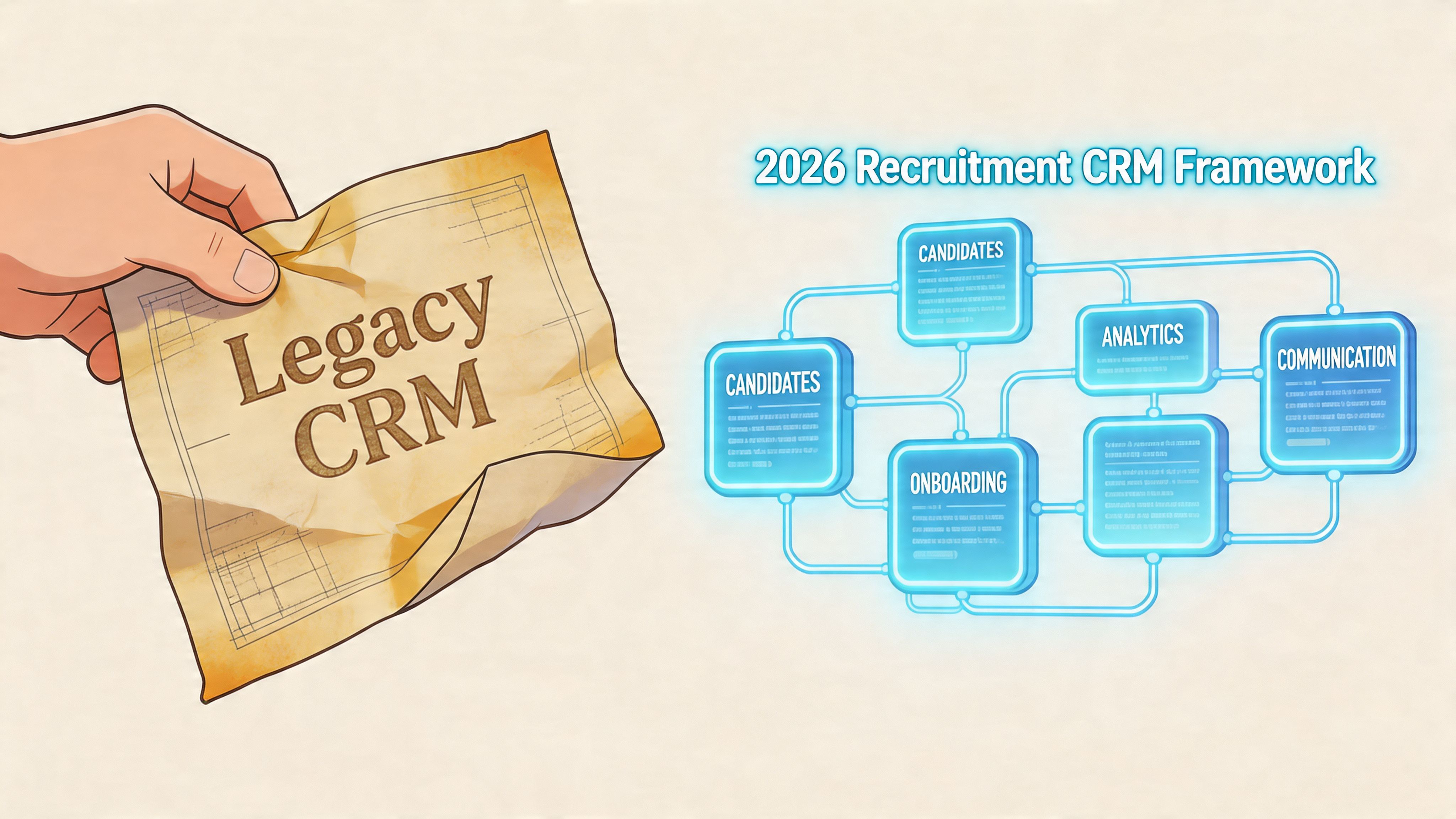 A hand holds a crumpled paper labeled Legacy CRM next to a digital 2026 Recruitment CRM framework diagram.